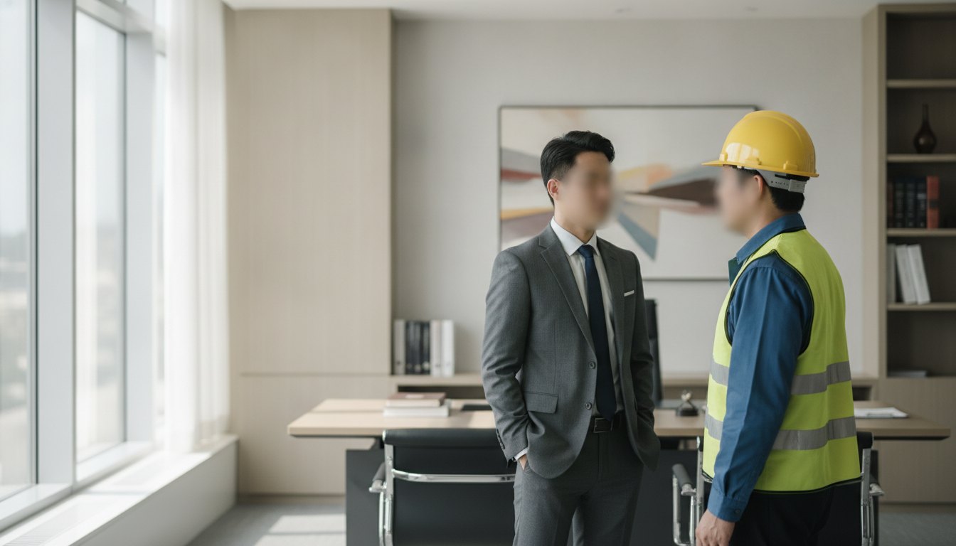 Trabalhador com capacete de segurança conversando com um profissional engravatado em um escritório.