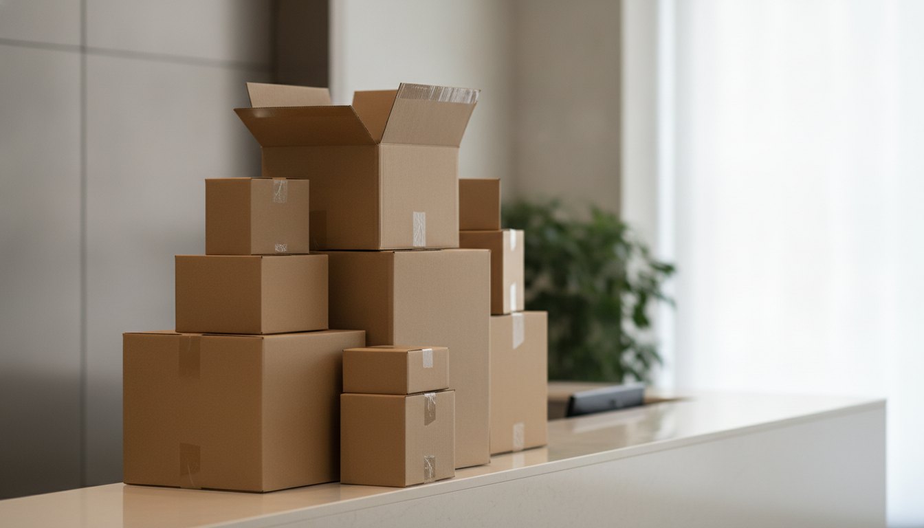 Pilha de caixas de papelão de diferentes tamanhos organizadas no balcão de uma recepção de prédio.