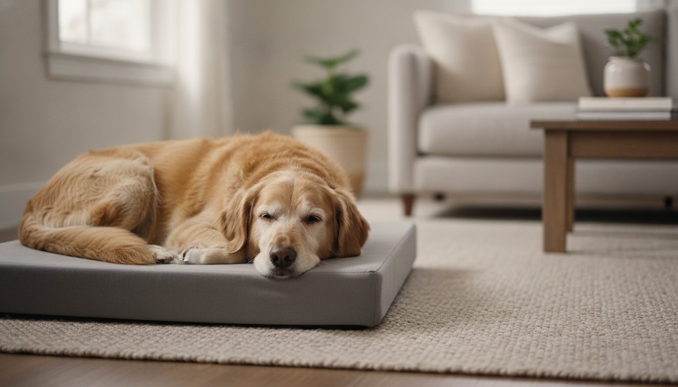 Cachorro idoso deitado confortavelmente em uma cama ortopédica baixa na sala de estar.