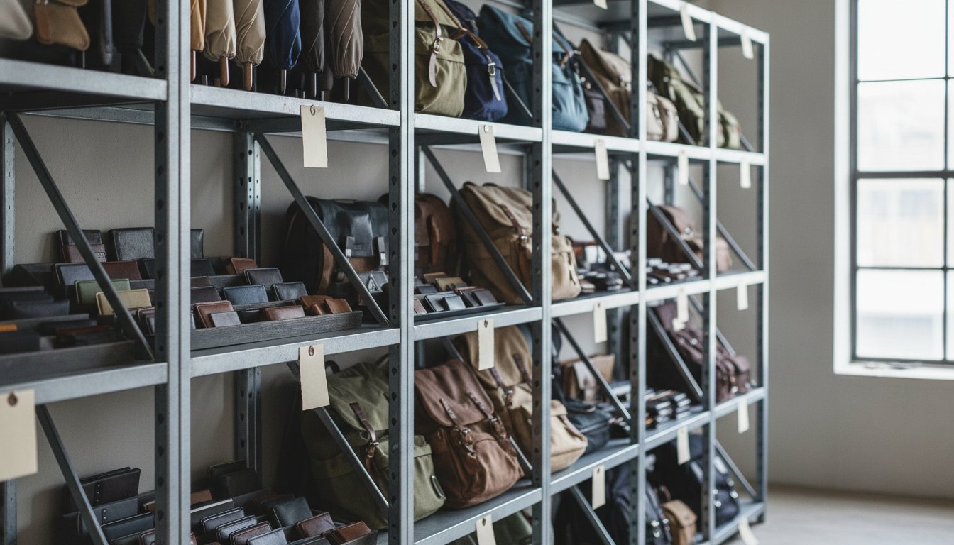 Prateleiras de metal repletas de guarda-chuvas, mochilas e carteiras organizados com etiquetas de papel.