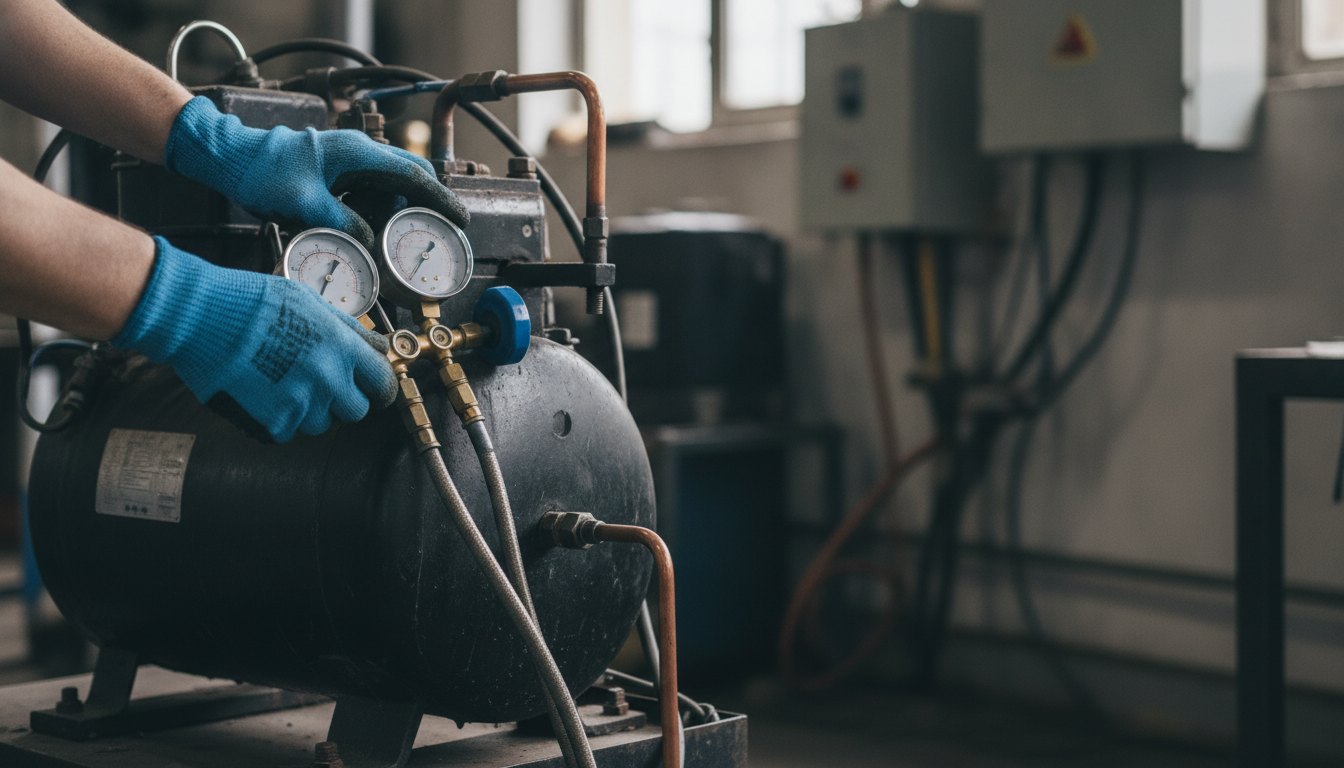 Técnico com luvas medindo a pressão do gás em um compressor metálico escuro