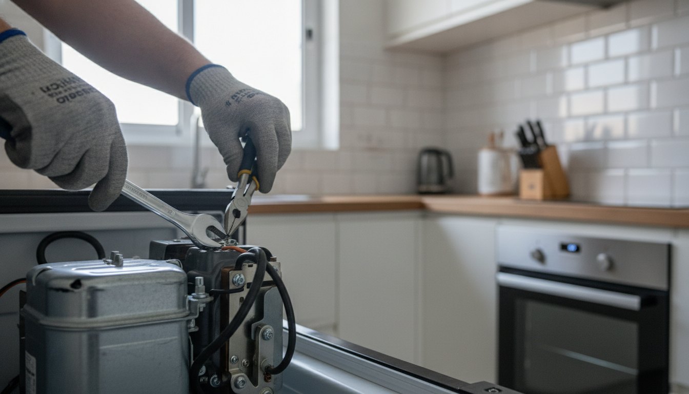 Técnico com luvas ajustando o motor de uma geladeira utilizando ferramentas apropriadas em uma cozinha iluminada