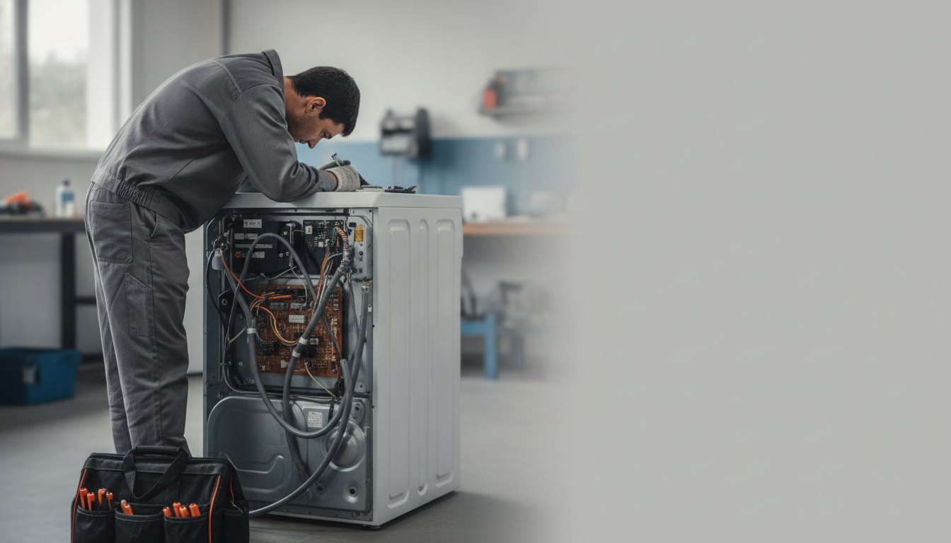 Técnico com uniforme cinza inspeciona o painel traseiro de uma máquina de lavar branca.