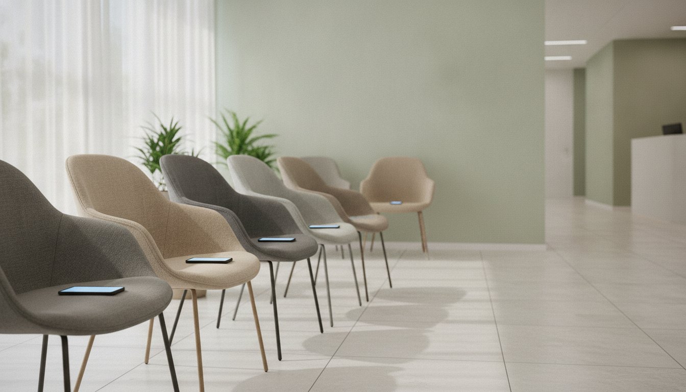 Pessoas sentadas em poltronas de uma clínica enquanto aguardam atendimento e olham para seus celulares.