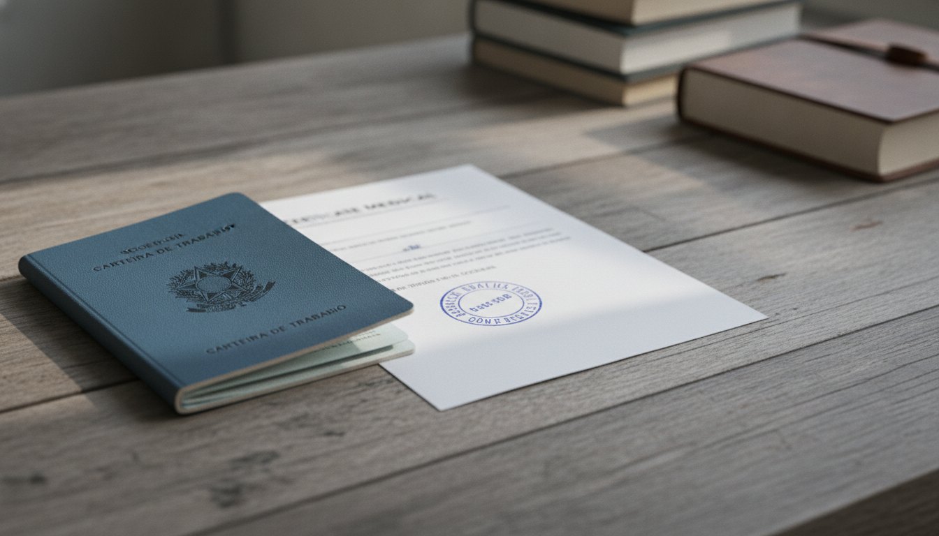 Carteira de trabalho e atestado médico com carimbo apoiados sobre uma mesa de madeira.