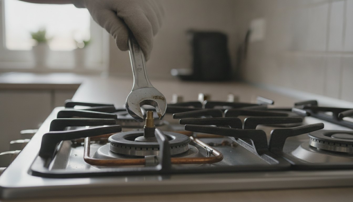 Técnico com luvas utilizando uma chave de boca para substituir o bico injetor de um fogão.