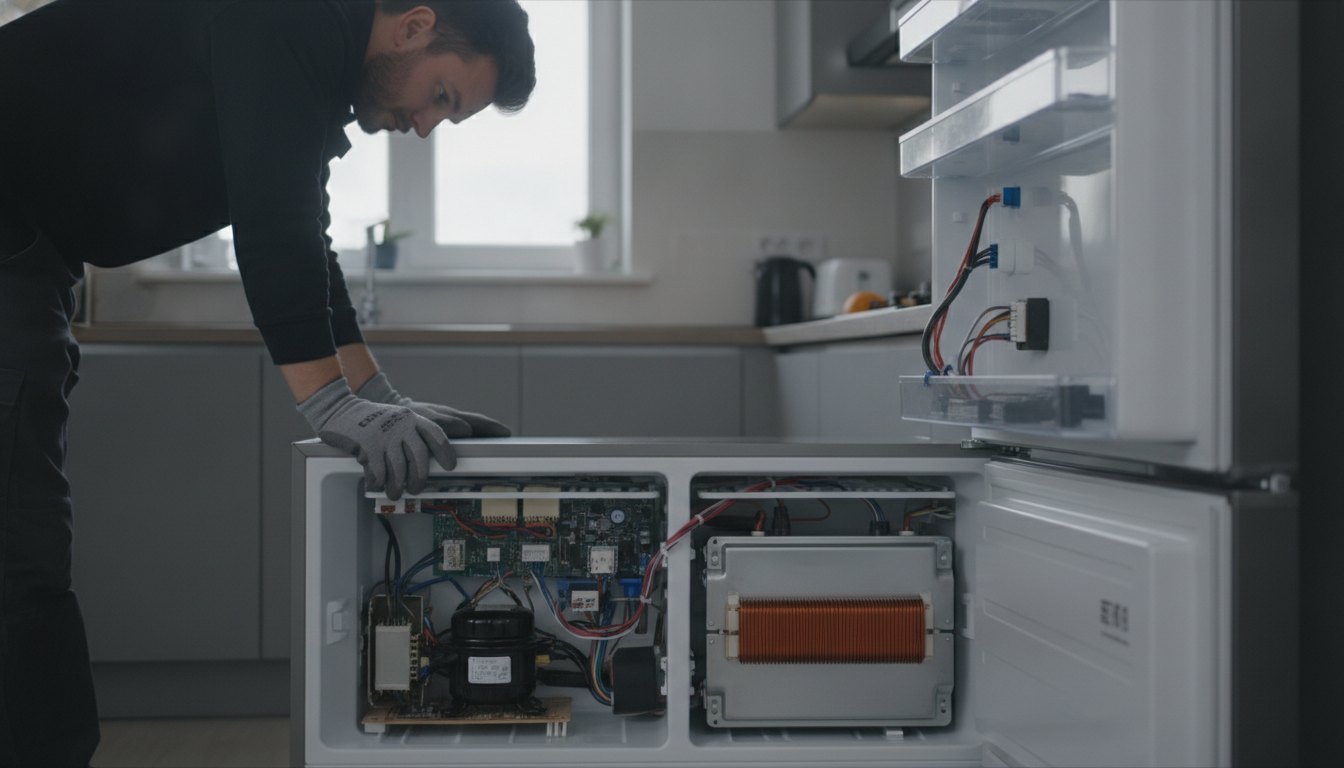 Técnico de manutenção com luvas inspecionando detalhadamente os componentes internos de um refrigerador residencial aberto