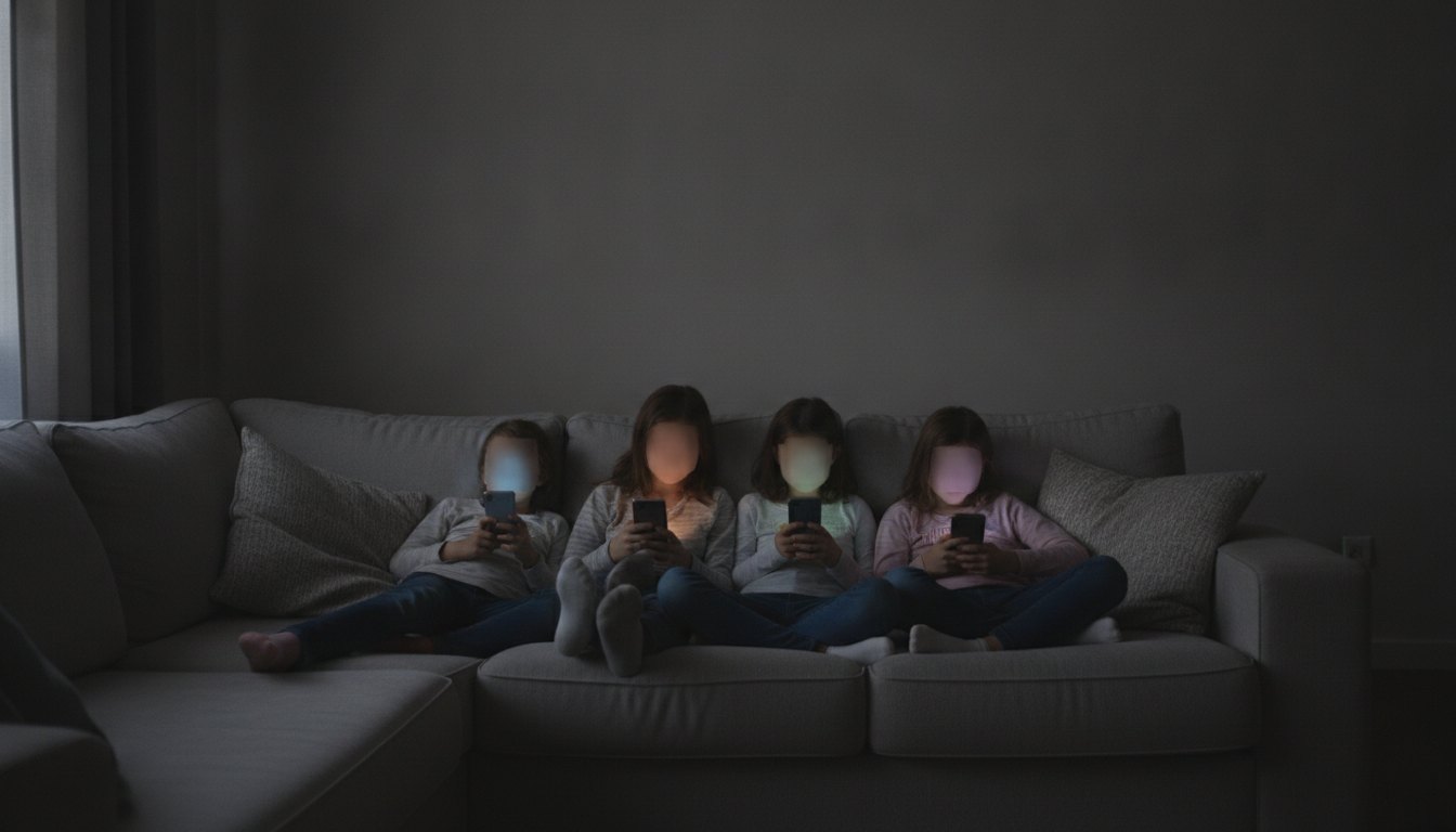 Família no sofá da sala escurecida, cada membro iluminado apenas pela tela do próprio celular.