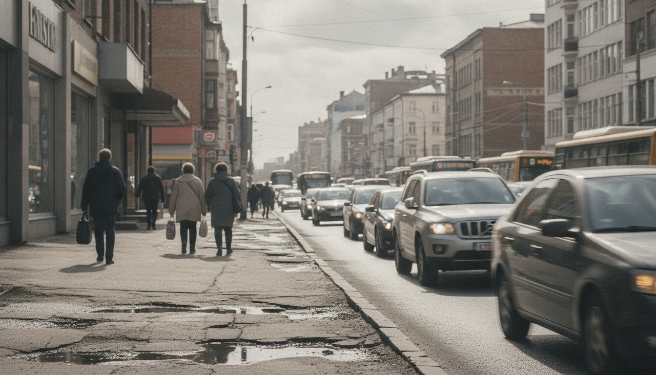 Pedestres caminhando em uma calçada estreita e esburacada ao lado de um trânsito intenso na cidade.