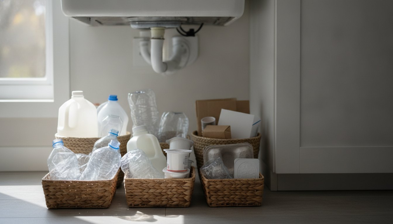 Diversas embalagens plásticas e de papelão limpas organizadas em pequenos cestos embaixo da pia da cozinha.