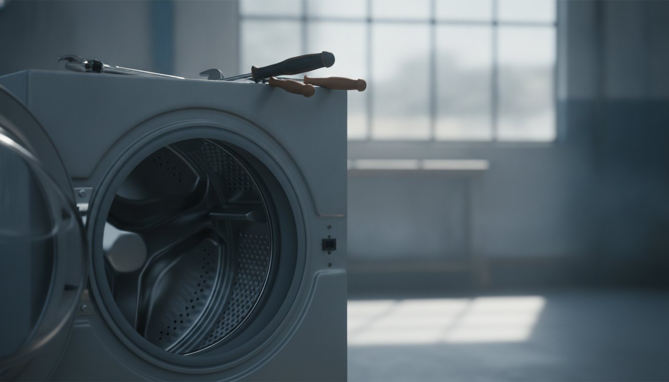 Tambor metálico de uma máquina de lavar roupas aberta com ferramentas de manutenção apoiadas na borda.