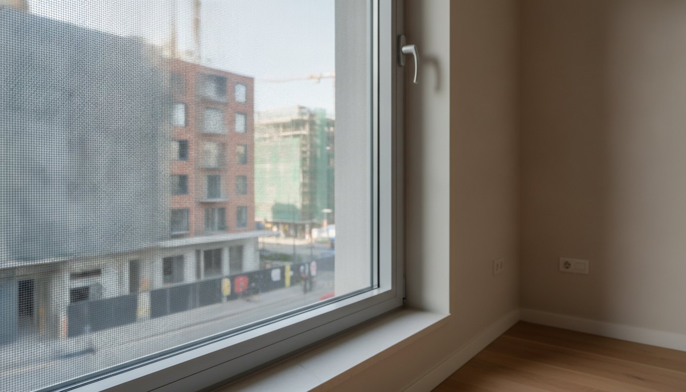Janela de apartamento com tela de proteção instalada e vista para a rua.