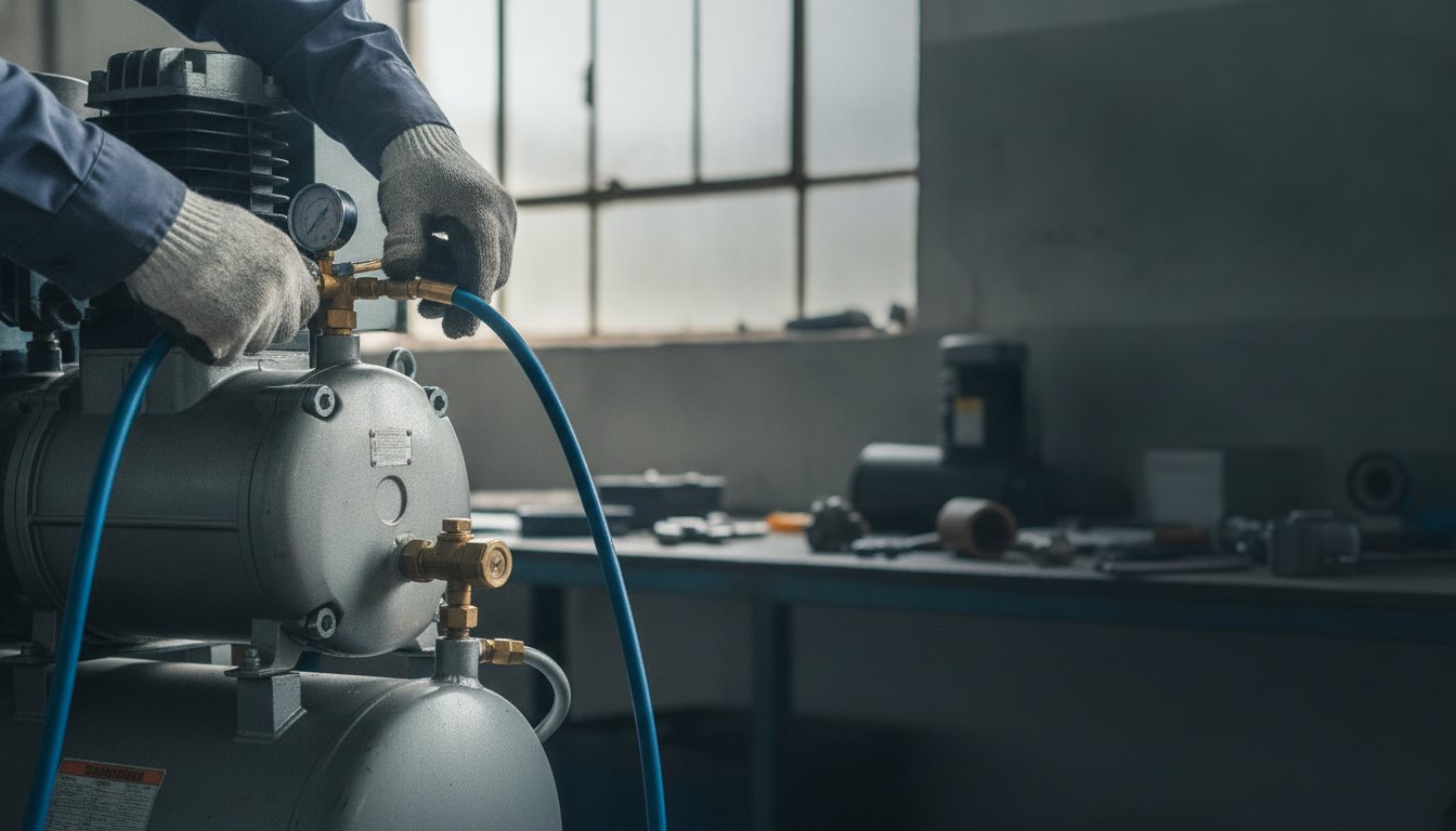 Técnico com luvas conectando uma mangueira de medição de pressão na válvula de um compressor.