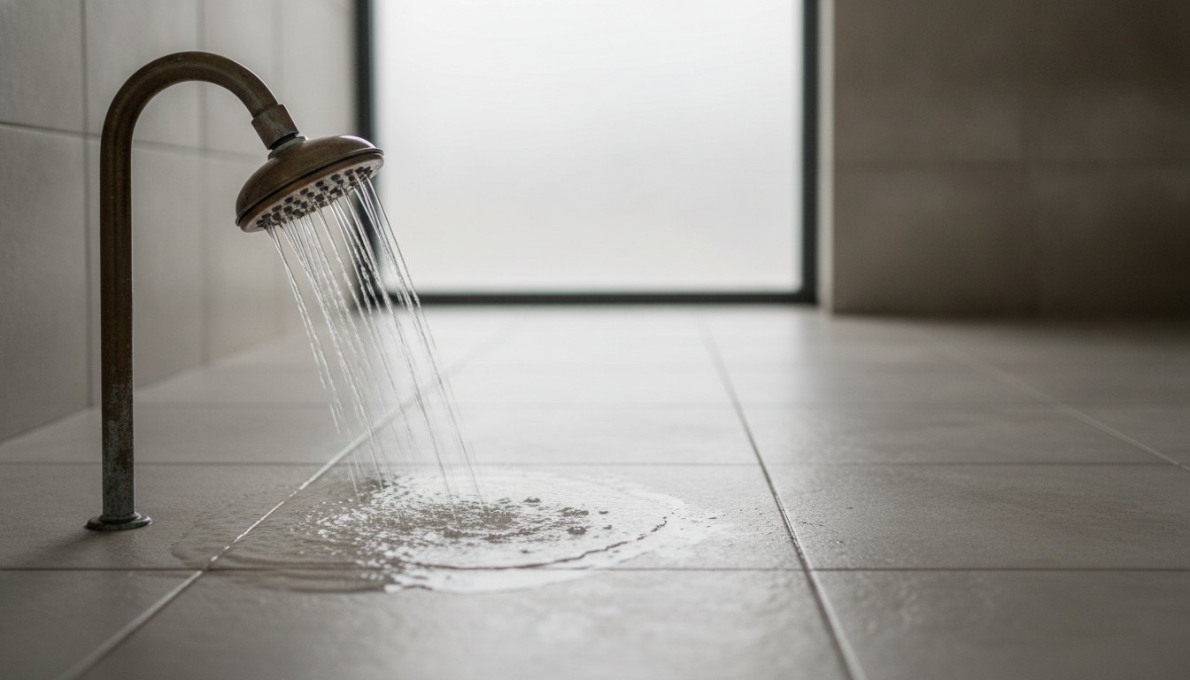 Chuveiro de metal aberto com jato de água fraco caindo sobre um piso de cerâmica clara