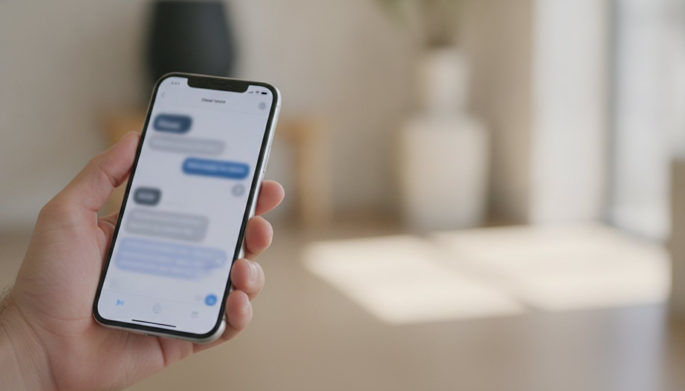 Mão segurando um smartphone com a tela exibindo um aplicativo de mensagens em foco.