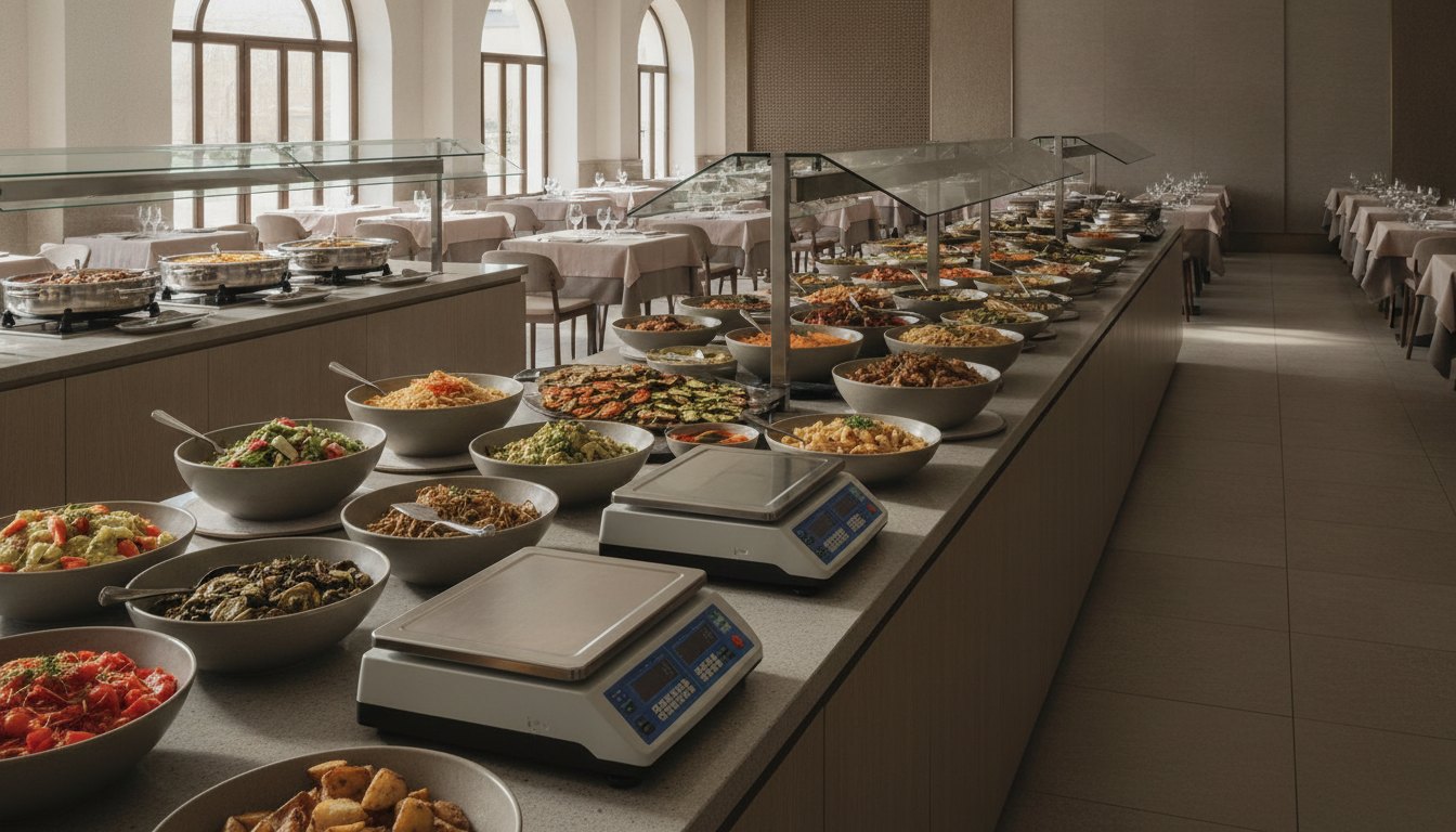 Fila de clientes servindo comida em um buffet extenso com balanças no final e mesas próximas.