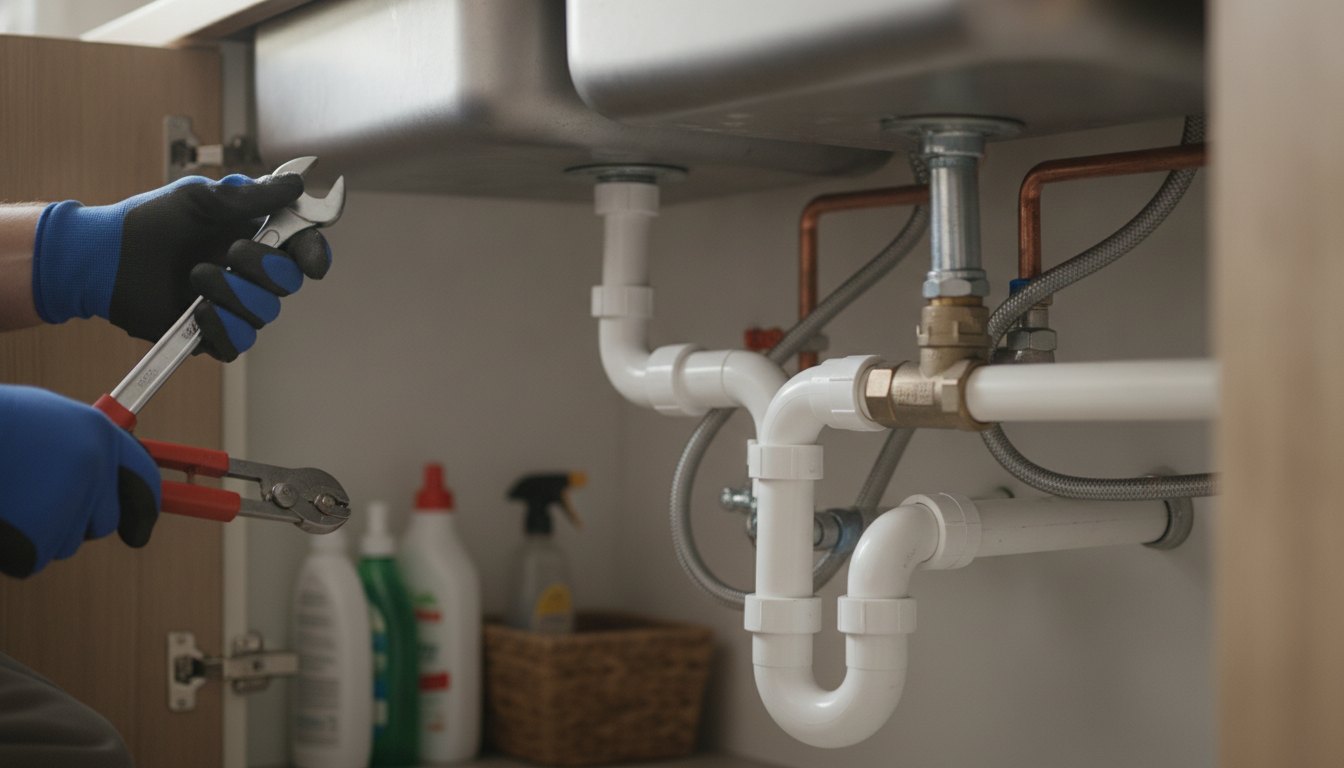 Profissional com luvas e ferramentas inspeciona o encanamento sob a pia da cozinha residencial.