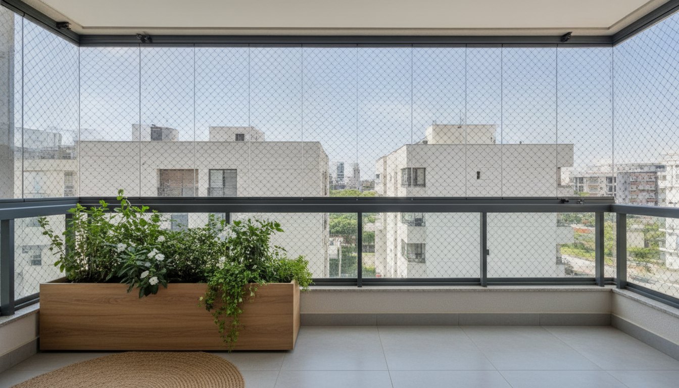 Varanda de apartamento com painéis de vidro recolhidos e tela de proteção instalada na estrutura.