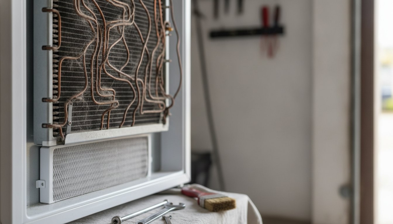 Técnico inspecionando as serpentinas e os filtros na parte traseira de um refrigerador doméstico.