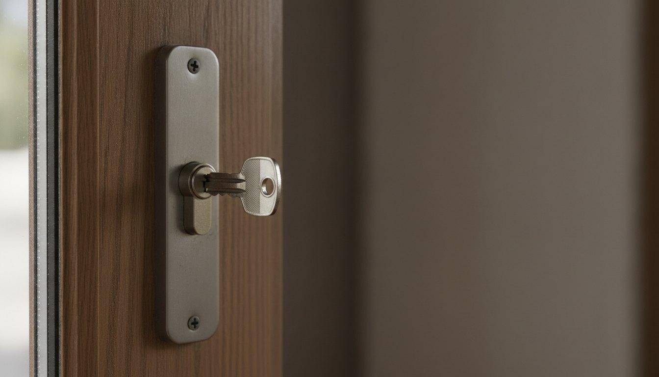 Metade de uma chave metálica presa no tambor de uma fechadura de porta.