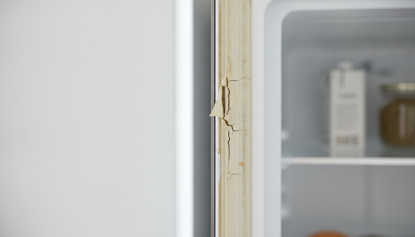 Porta de geladeira entreaberta exibindo uma borracha de vedação gasta e ressecada.