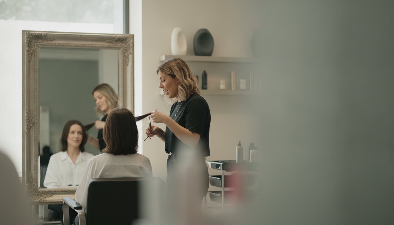 Cabeleireira corta o cabelo de cliente sentada em frente ao espelho enquanto conversam animadamente.