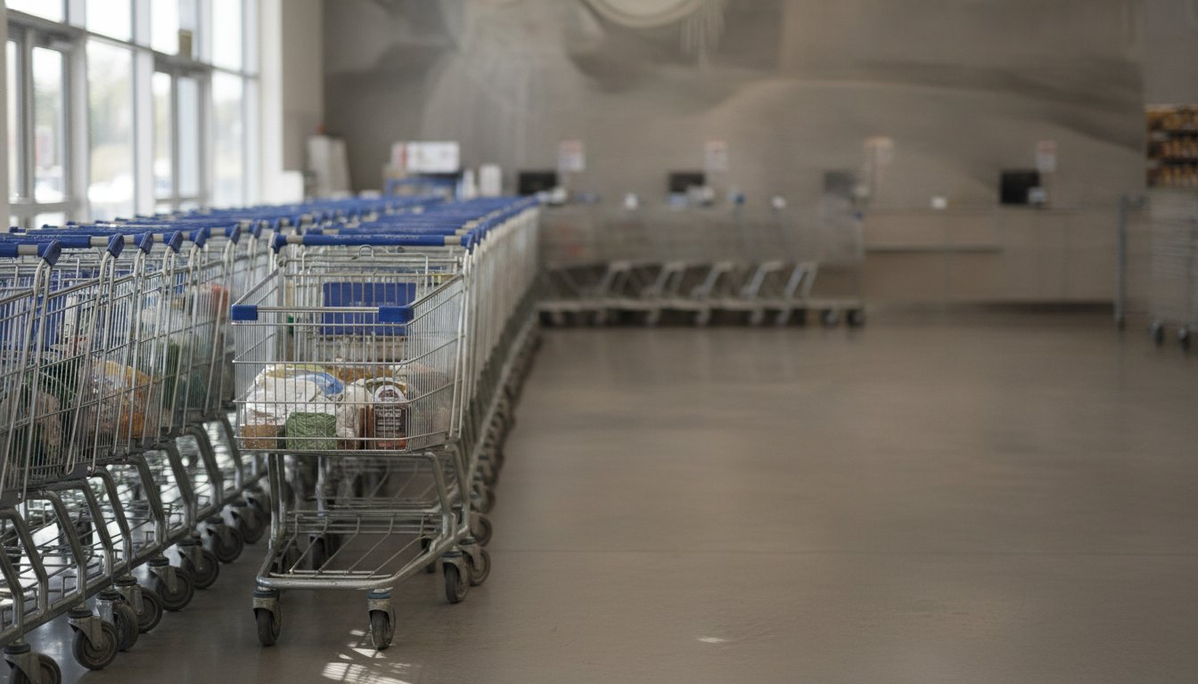 fila de consumidores com carrinhos de compras aguardando atendimento nos guichês do estabelecimento comercial