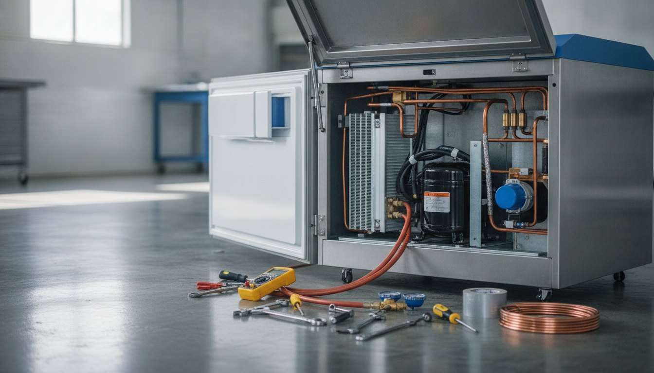 Eletrodoméstico de grande porte aberto com ferramentas de manutenção dispostas ao redor do motor.