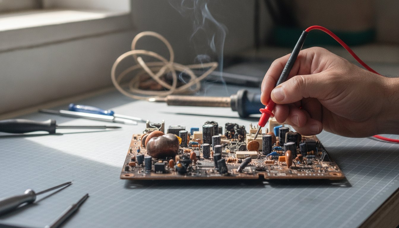 Técnico com multímetro medindo os componentes de uma placa eletrônica de máquina de lavar queimada.