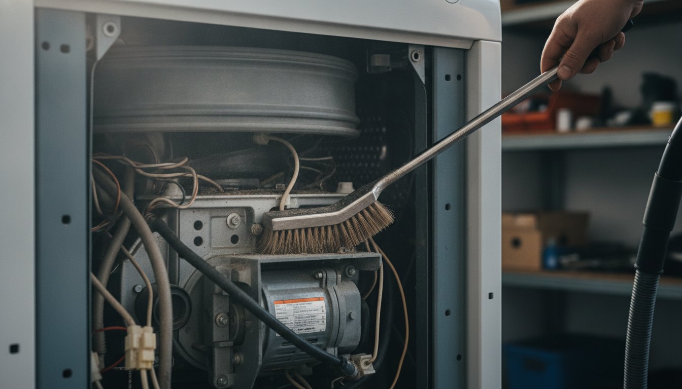 Profissional de manutenção utilizando ferramentas para limpar a parte interna de uma máquina de lavar.