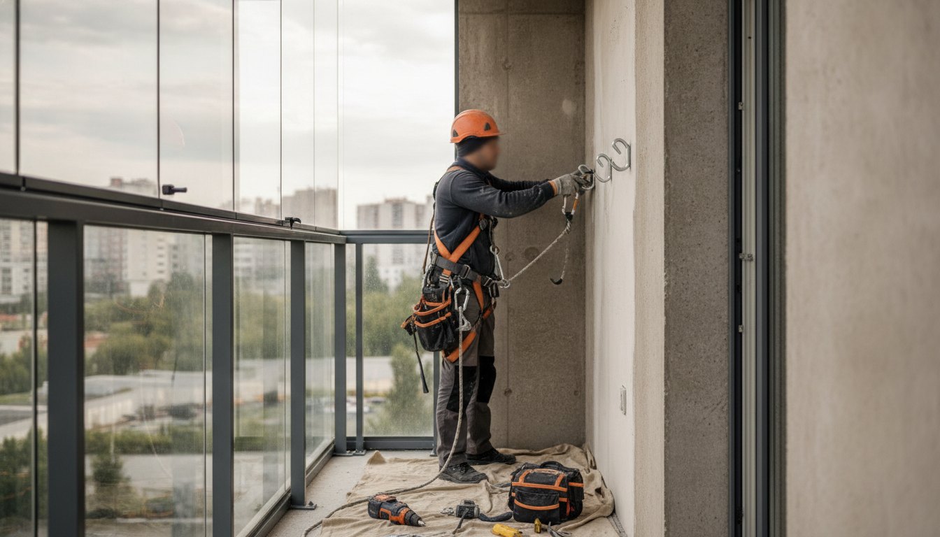 Profissional com equipamentos de segurança fixando ganchos metálicos na parede lateral de uma sacada envidraçada.