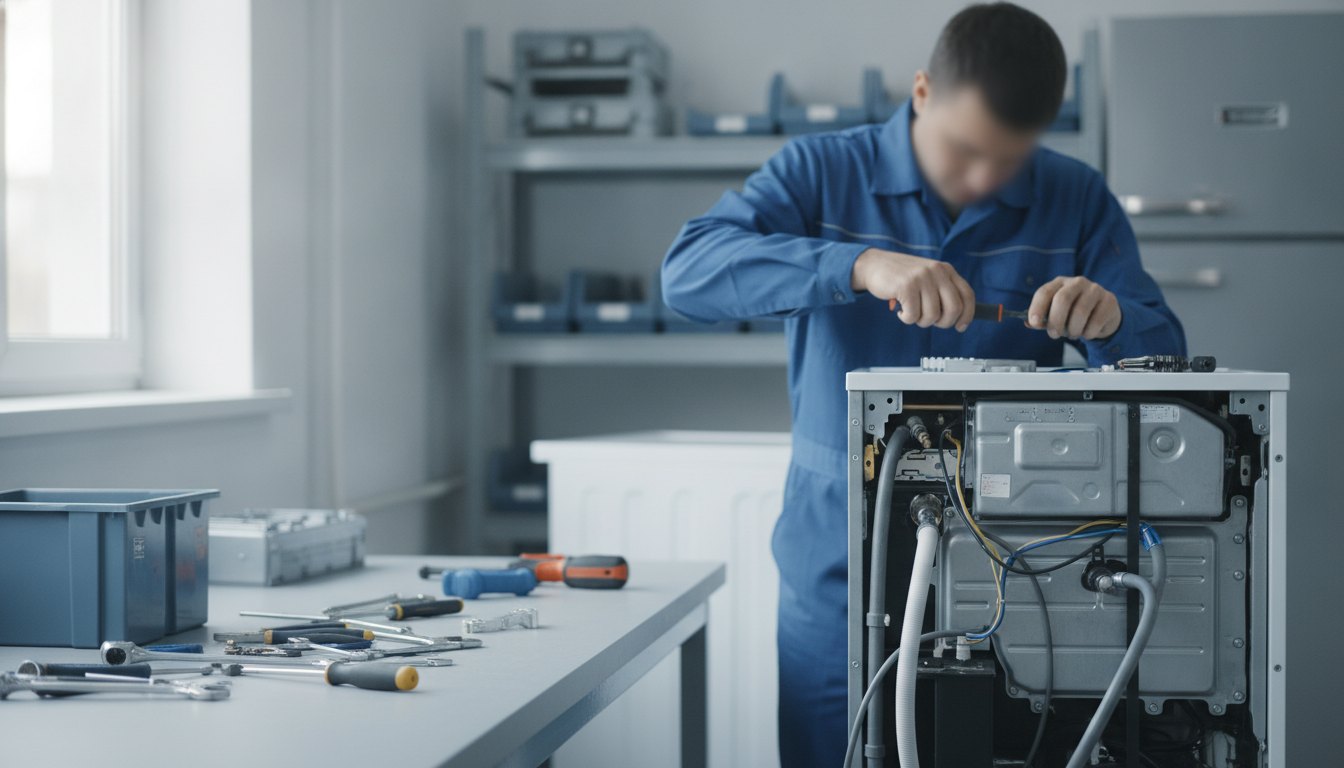 Técnico com uniforme azul consertando uma máquina de lavar roupas utilizando ferramentas manuais.