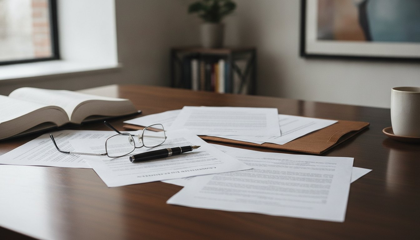 Mesa de escritório com documentos espalhados, uma caneta sobre os papéis e um óculos de grau.