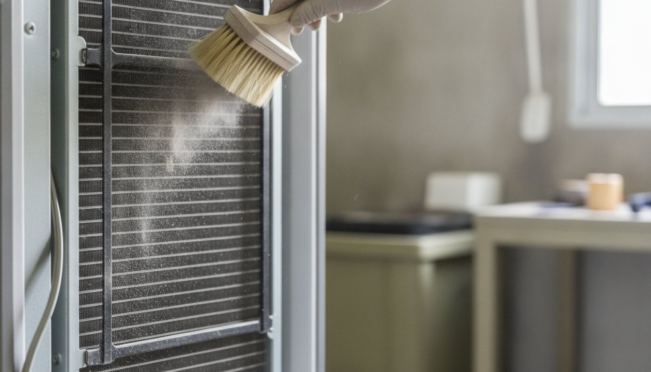 Técnico utilizando escova macia para retirar o acúmulo de poeira da grade traseira de um refrigerador.