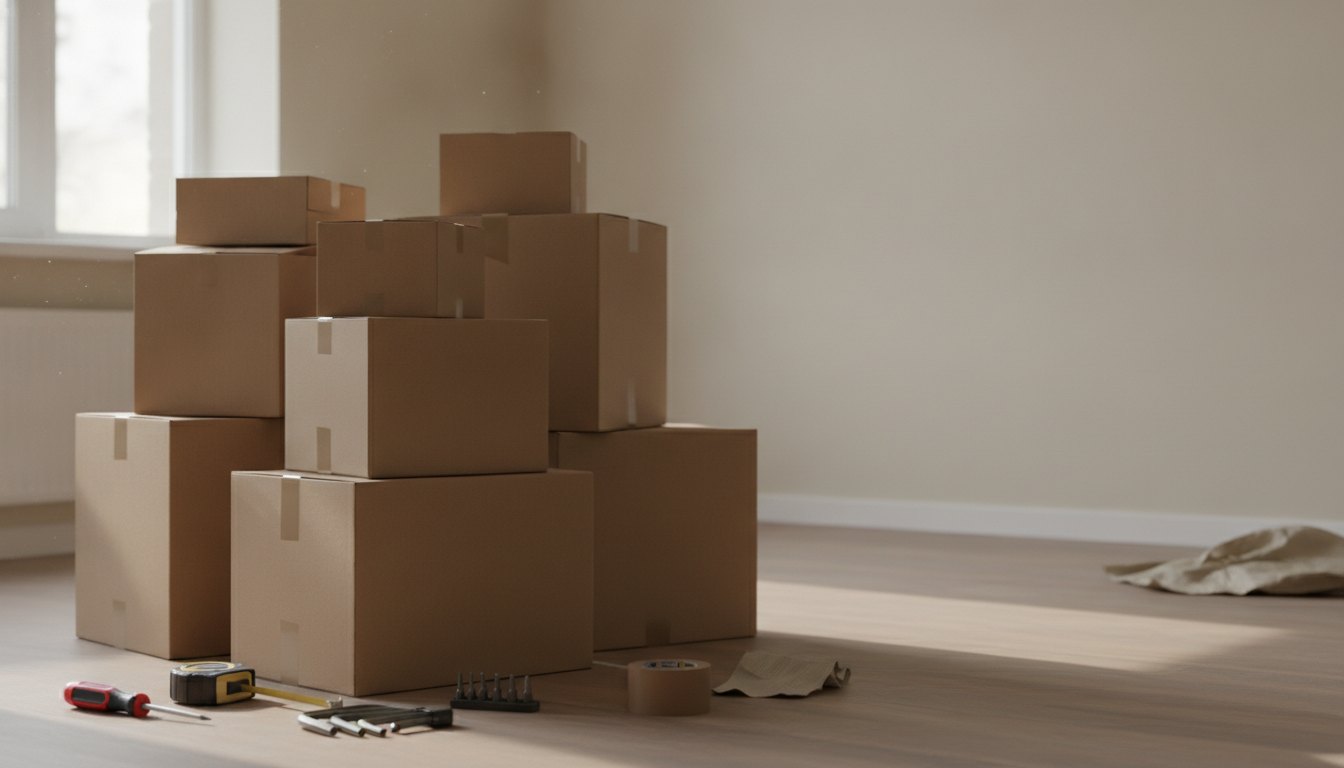 Caixas de papelão empilhadas em uma sala vazia com ferramentas de montagem no chão.