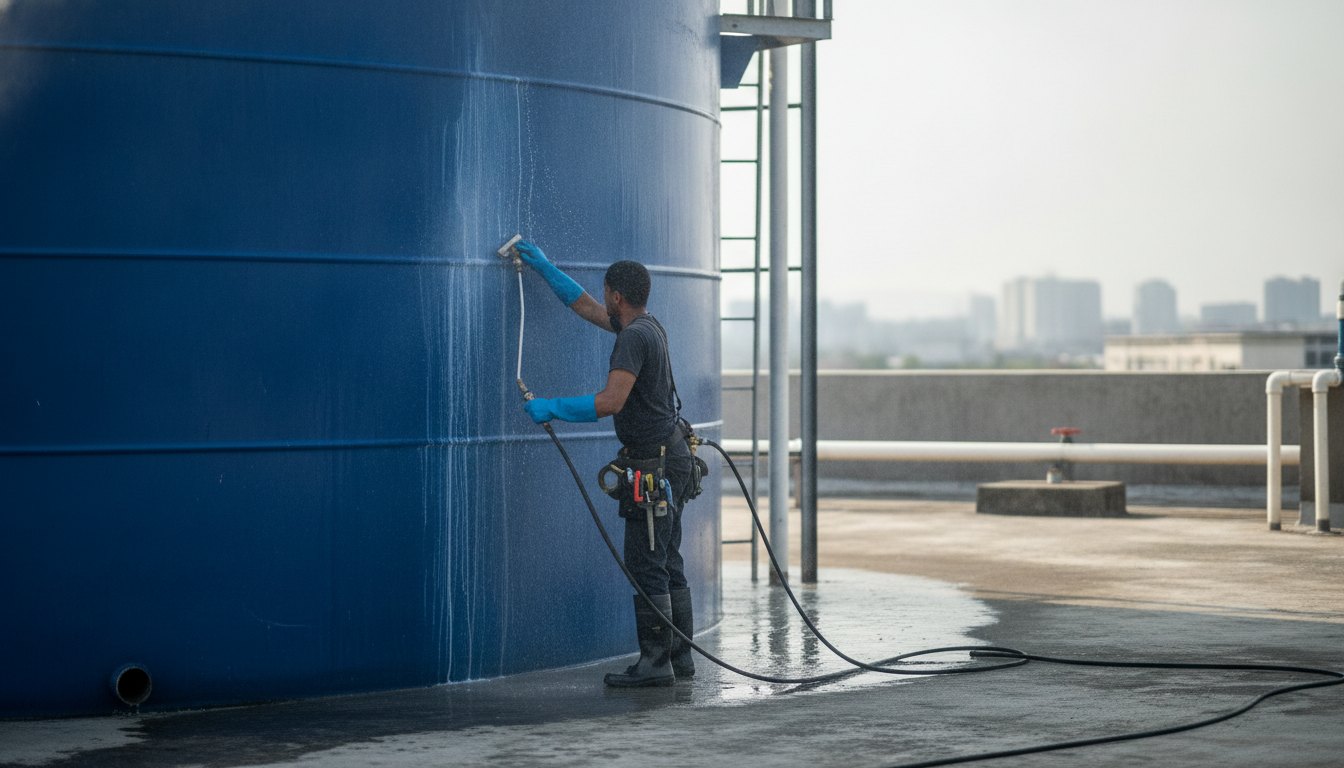 Profissional com luvas e equipamentos limpando o interior de um reservatório de água azul em laje