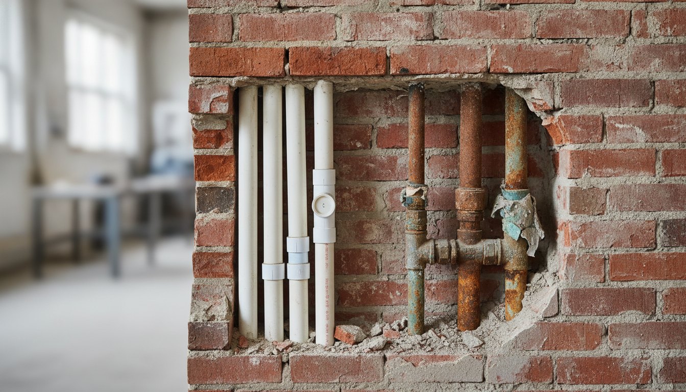 Parede de tijolos aberta revelando tubos de PVC recém-instalados ao lado de canos oxidados
