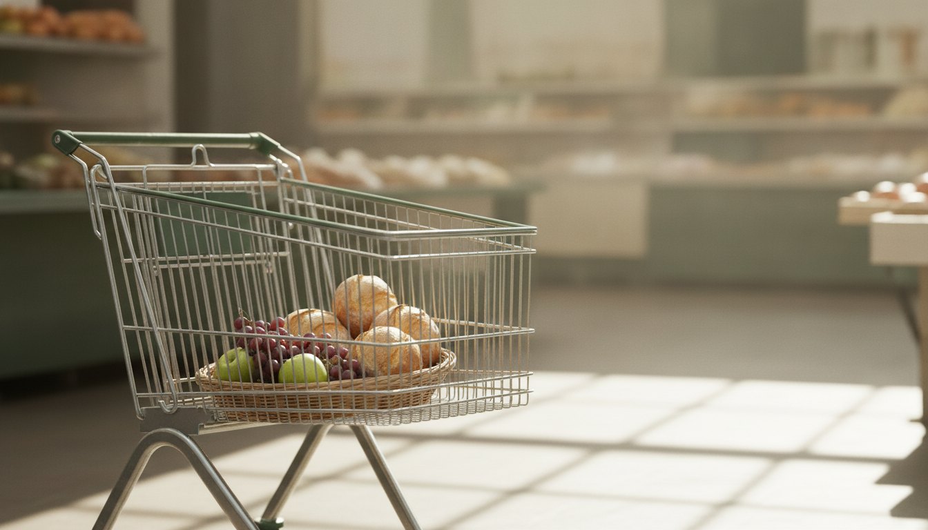 Carrinho de metal quase vazio com frutas frescas e pães em um corredor iluminado.