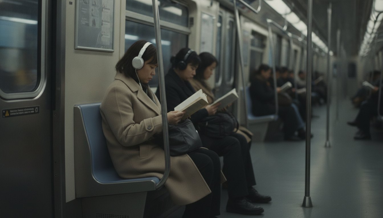 Passageiros sentados no interior de um vagão de metrô lendo livros e usando fones de ouvido.