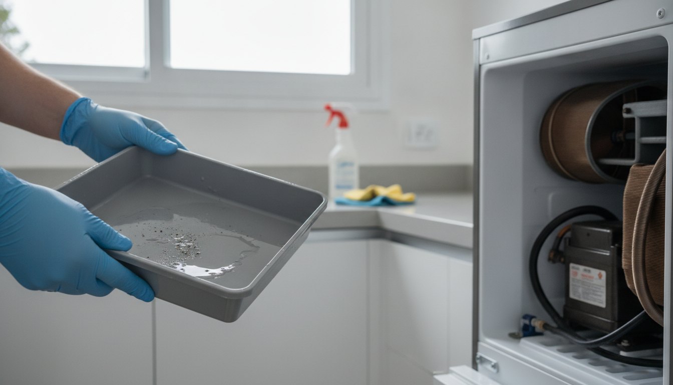 Homem com luvas segurando a bandeja de condensação de uma geladeira para realizar a limpeza.