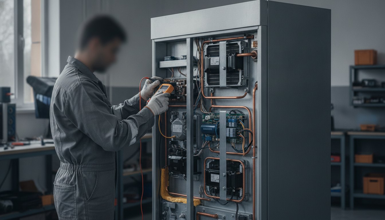 Técnico de uniforme analisa o painel traseiro de uma geladeira segurando uma ferramenta de medição.