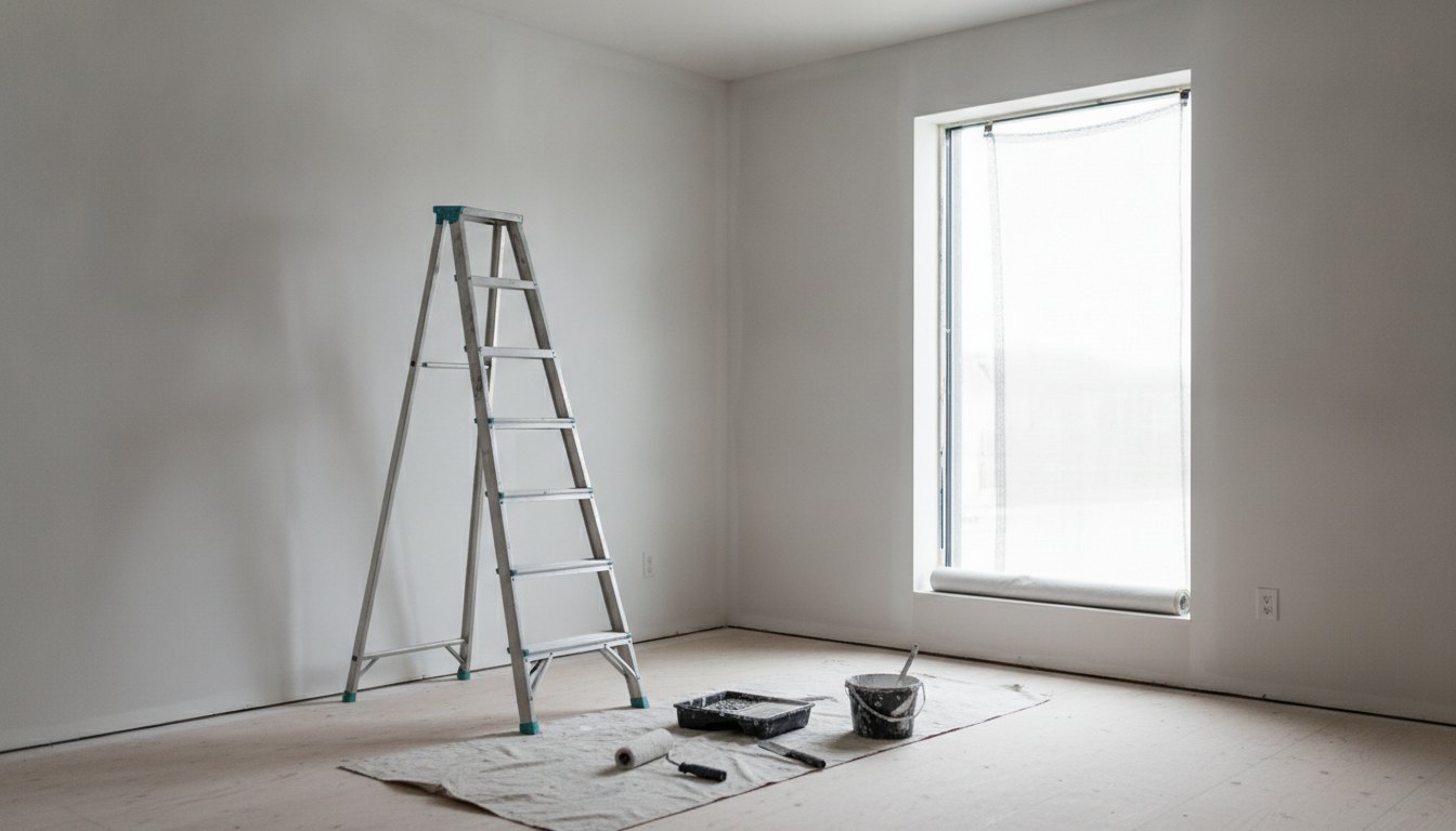 Quarto em obras com escada de alumínio, paredes recém-pintadas e janela aguardando instalação de tela.