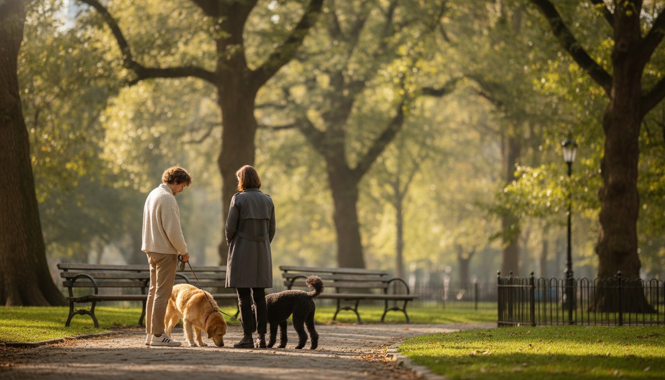 Dois moradores conversando em uma praça arborizada enquanto seguram as guias de seus cachorros.