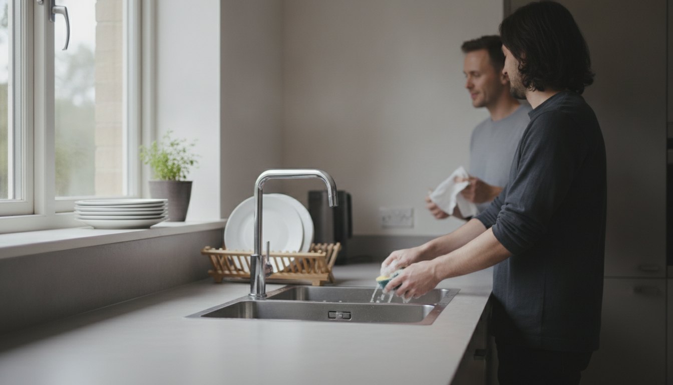 Casal conversando na cozinha enquanto um deles lava louça e o outro segura um pano
