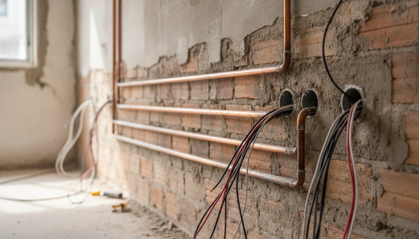 Parede de alvenaria em reforma com tubos de cobre e fios elétricos expostos para climatização.