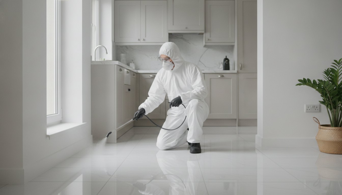 Profissional com máscara e macacão branco aplicando produto químico nos rodapés de uma cozinha residencial.