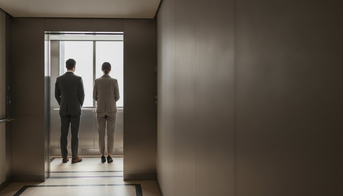 Duas pessoas de costas em um elevador comercial mantendo distância e olhando para a porta.