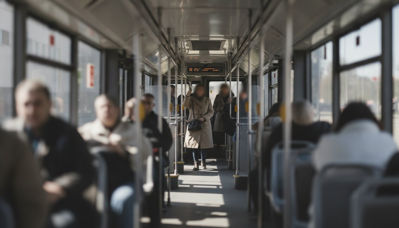 Passageiros sentados e em pé no corredor de um ônibus urbano durante o dia.
