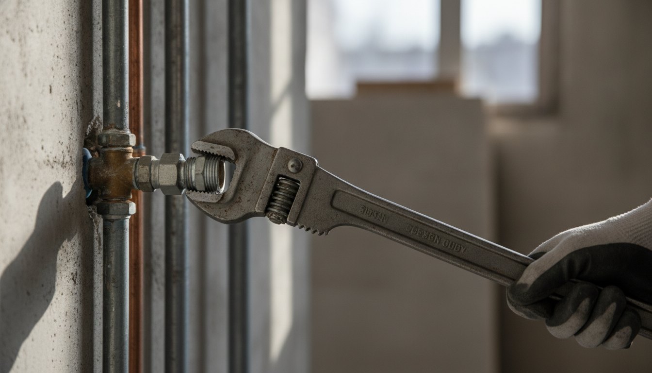Profissional com luvas utilizando chave de grifo para ajustar a conexão metálica de uma tubulação embutida.