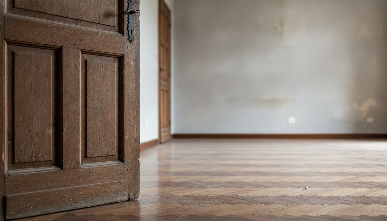 Porta de madeira semiaberta em uma casa vazia com piso de taco.